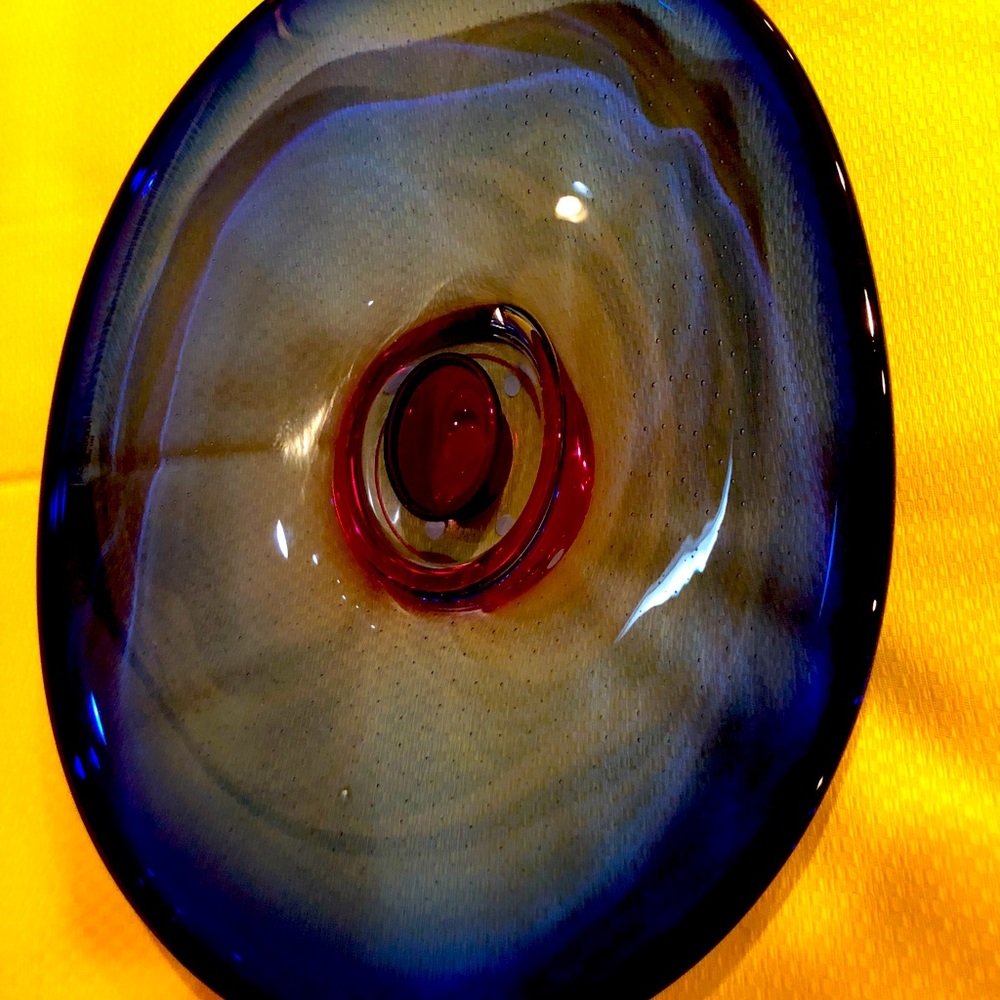 Kosta Boda Goran Warff numbered Art Glass blue and pink platter dish low bowl
